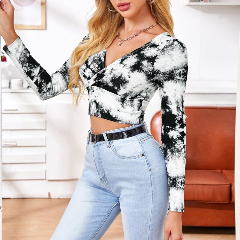 

Surplice Neck Tie Dye Crop Tee, Black and white