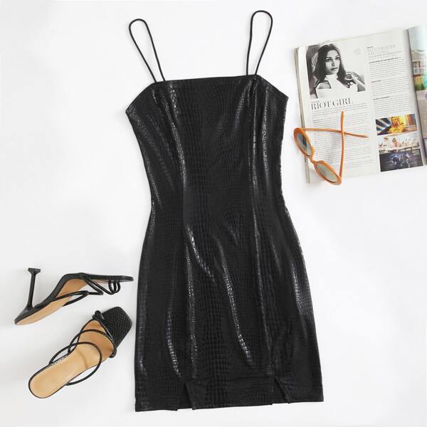 

Split Hem Crocodile Embossed Bodycon Dress, Black