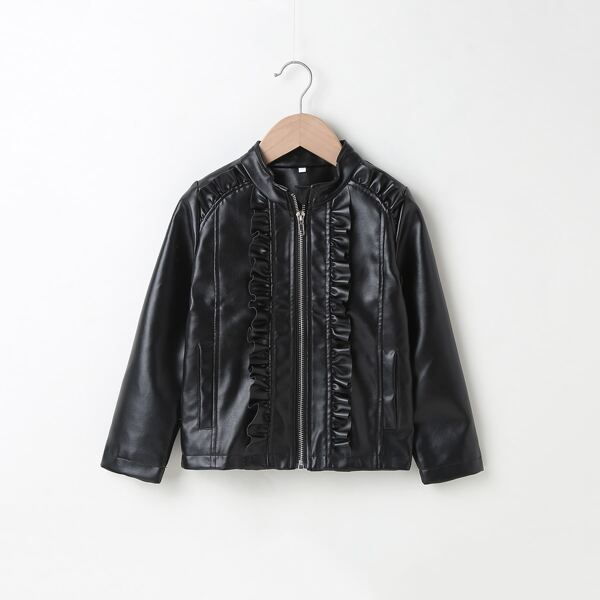 

Toddler Girls PU Frill Trim Moto Jacket, Black