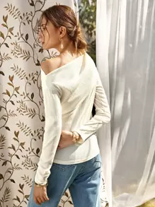 BizChic Solid Asymmetrical Neck Tee Workwear - Beige - View 2