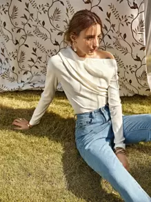 BizChic Solid Asymmetrical Neck Tee Workwear - Beige - View 3