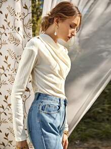 BizChic Solid Asymmetrical Neck Tee Workwear - Beige - View 4