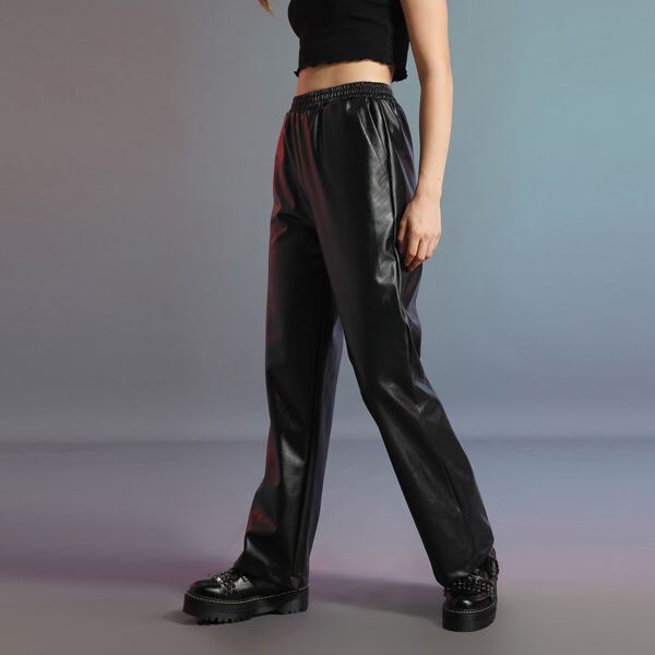 

Elastic Waist PU Leather Wide Leg Pants, Black