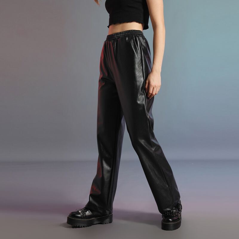 

Elastic Waist PU Leather Wide Leg Pants, Black