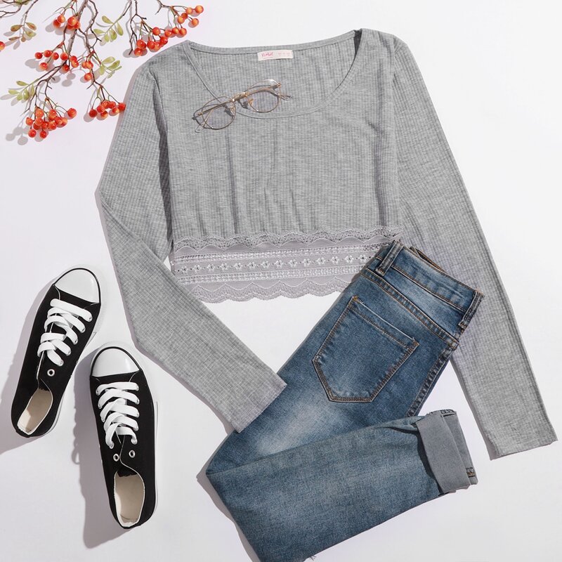 

Lace Hem Ribbed Tee, Light grey