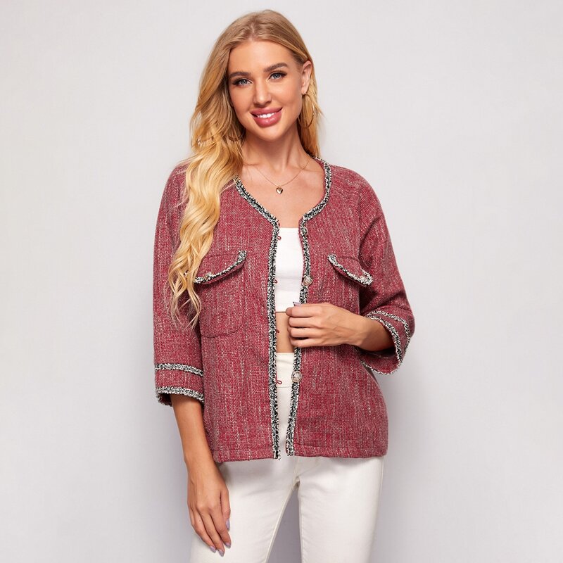 

Contrast Trim Buttoned Tweed Coat, Rose red