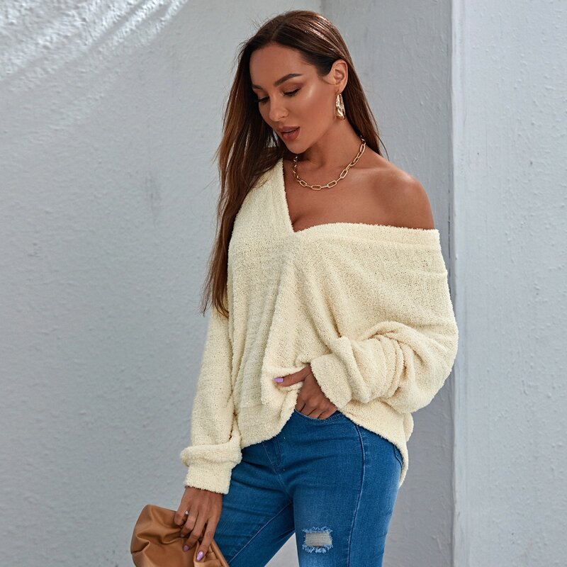 

Drop Shoulder Solid Oversized Sweater, Beige