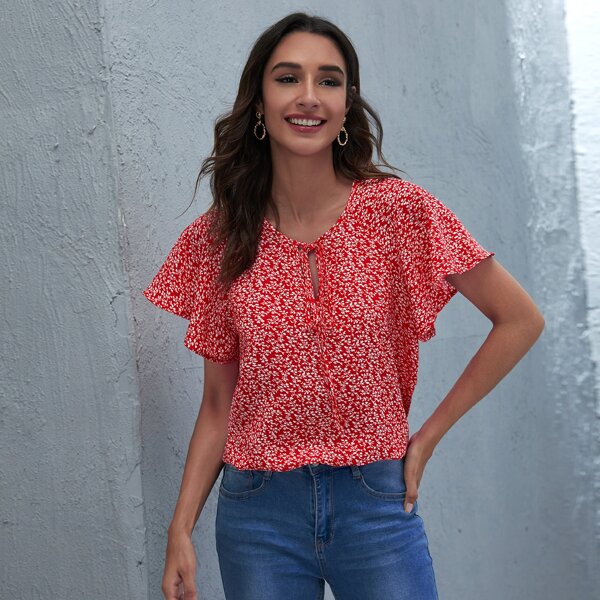 

Tie Neck Ruffle Cuff Ditsy Floral Top, Red
