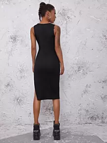 SHEIN EZwear 開衩大腿素色洋裝 - 黑色 - 查看 2