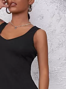 SHEIN EZwear 開衩大腿素色洋裝 - 黑色 - 查看 4