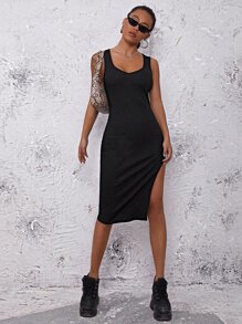 SHEIN EZwear 開衩大腿素色洋裝 - 黑色 - 查看 5