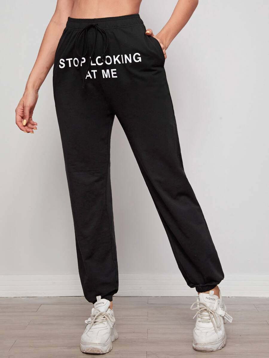 SHEIN Stop Looking At Me Graphic Drawstring Joggers - Black - View 1