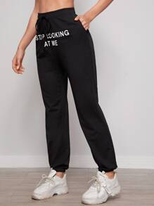 SHEIN Stop Looking At Me Graphic Drawstring Joggers - Black - View 3