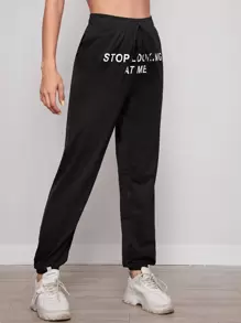 SHEIN Stop Looking At Me Graphic Drawstring Joggers - Black - View 4