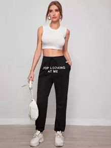 SHEIN Stop Looking At Me Graphic Drawstring Joggers - Black - View 5