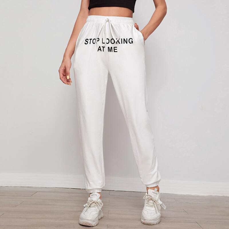 

Tie Waist Slogan Graphic Sweatpants, White