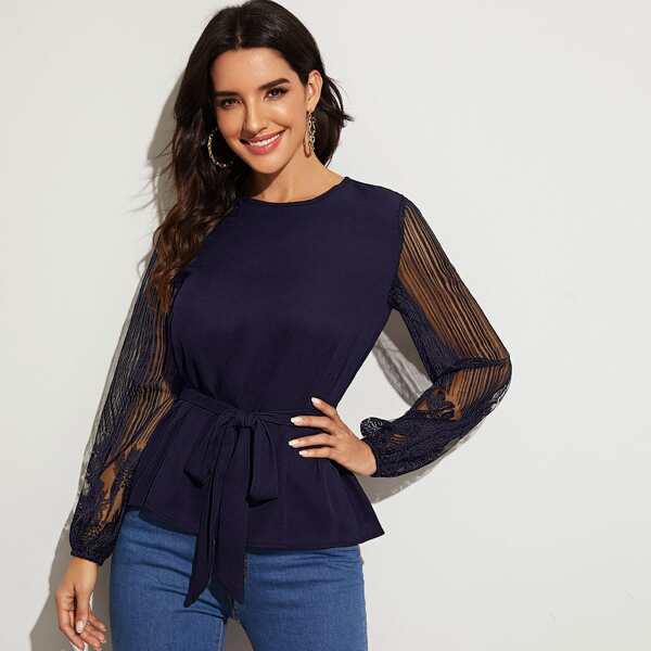 

Sheer Lace Lantern Sleeve Belted Top, Navy blue