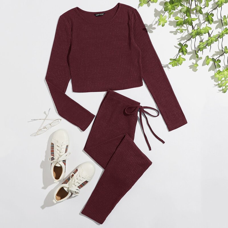 

Solid Rib-knit Crop Tee and Leggings Set, Maroon