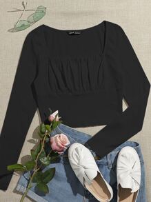 SHEIN Qutie Square Neck Ruched Bust Crop Top - Black - View 1