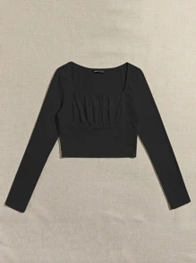 SHEIN Qutie Square Neck Ruched Bust Crop Top - Black - View 3