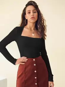 SHEIN Unity 方形領羅紋針織上衣 - 黑色 - 查看 1