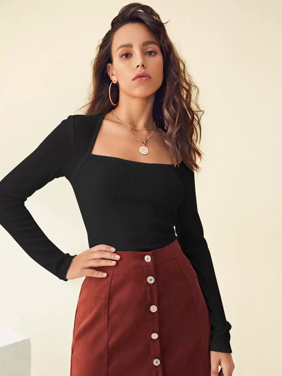 SHEIN Unity 方形領羅紋針織上衣 - 黑色 - 查看 1