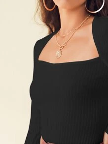 SHEIN Unity 方形領羅紋針織上衣 - 黑色 - 查看 4