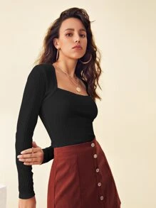 SHEIN Unity 方形領羅紋針織上衣 - 黑色 - 查看 5