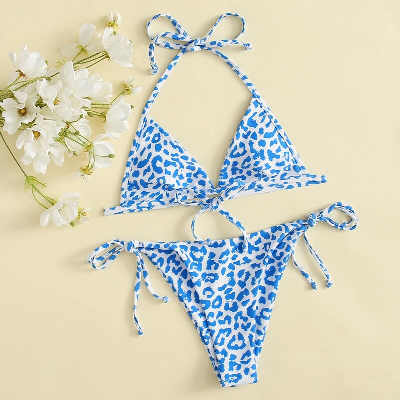 

Leopard Triangle Tie Side Bikini Swimsuit, Blue and white