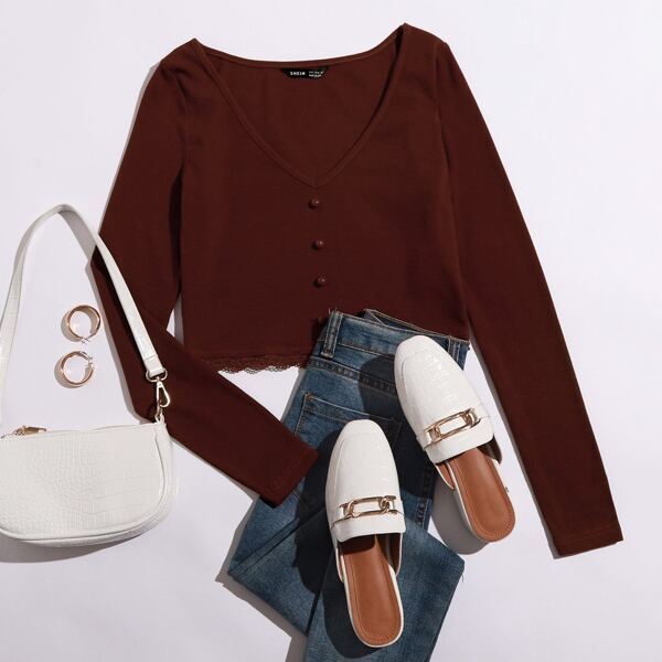 

Buttoned Front Lace Hem Crop Top, Burgundy