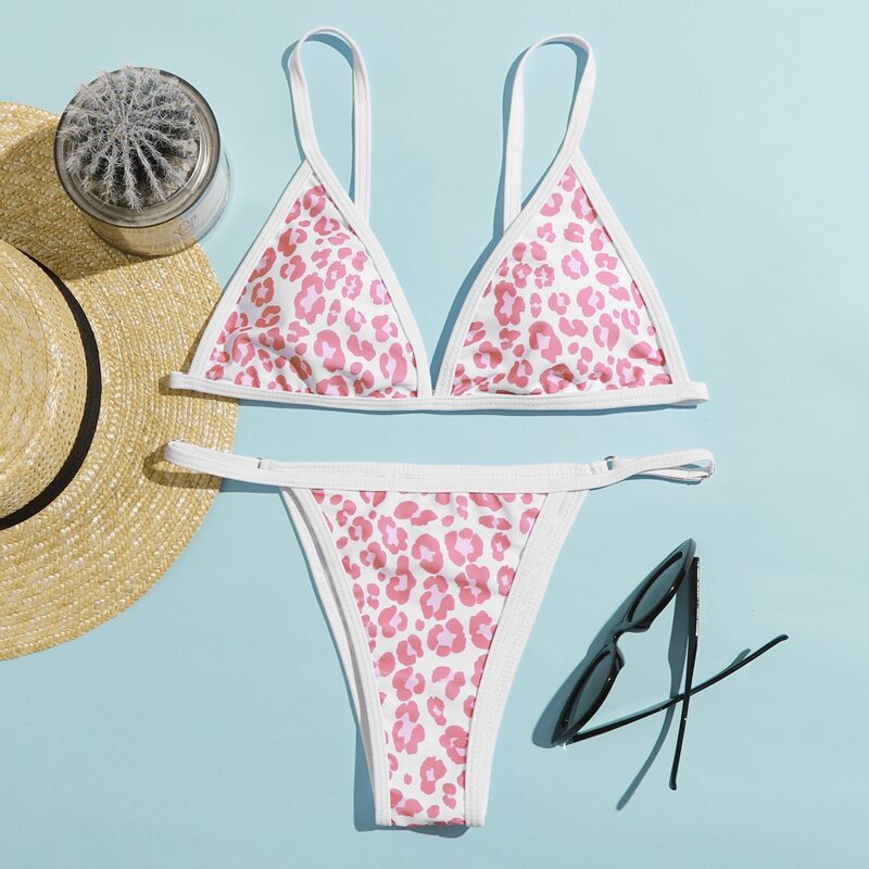 

Leopard Triangle Thong Bikini Swimsuit, Multicolor