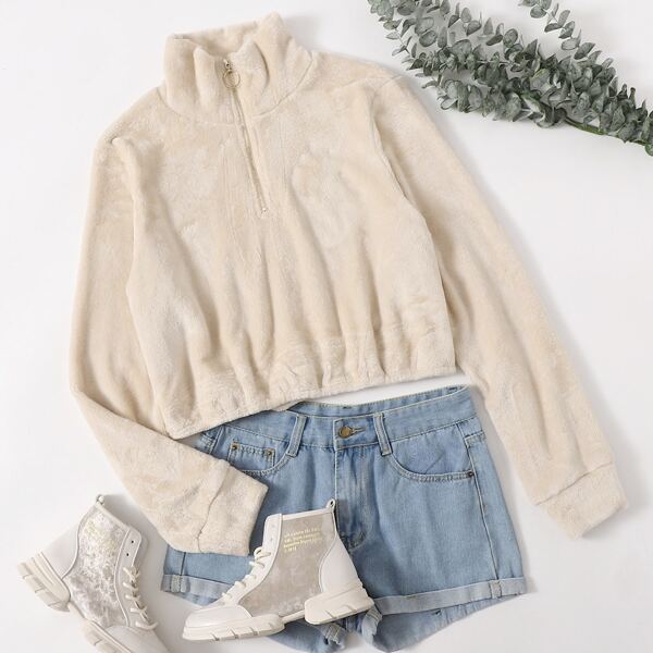 

Plus High Neck Half Placket Teddy Pullover, Beige