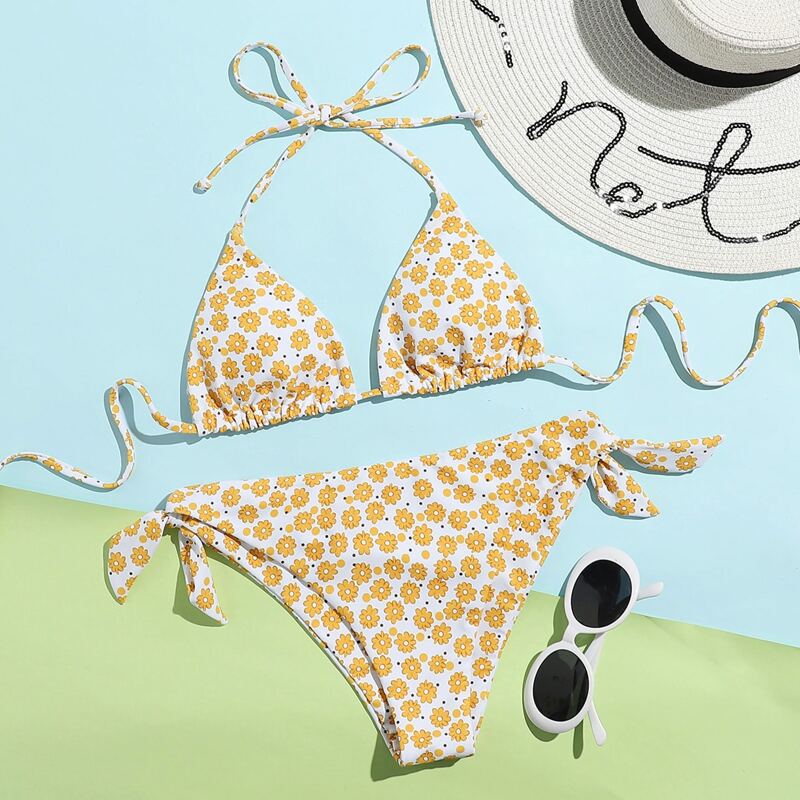 

Floral Halter Knot Side Bikini Swimsuit, Multicolor