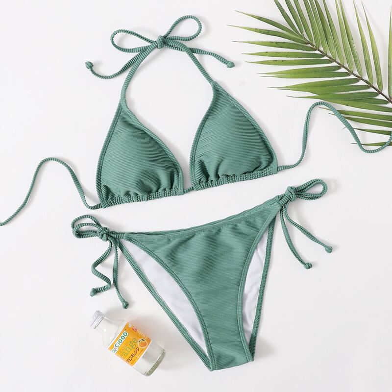 

Ribbed Triangle Tie Side Bikini Swimsuit, Green