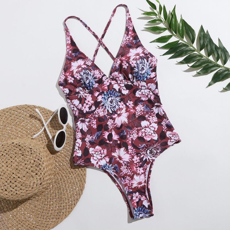 

Floral Crisscross Back One Piece Swimsuit, Multicolor