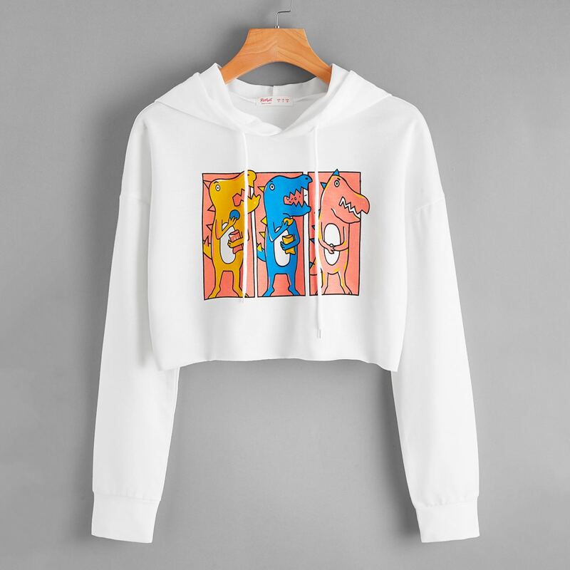 

Cartoon Graphic Crop Hoodie, White