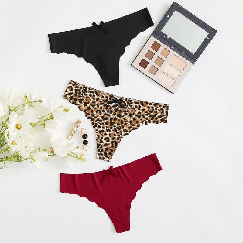 

3pack Scallop Leopard Seamless Thong Set, Multicolor