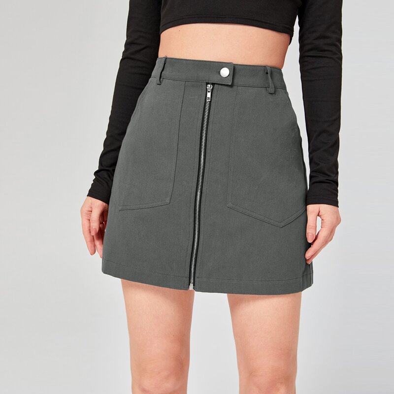 

Solid Zip Up Pocket Skirt, Dark grey