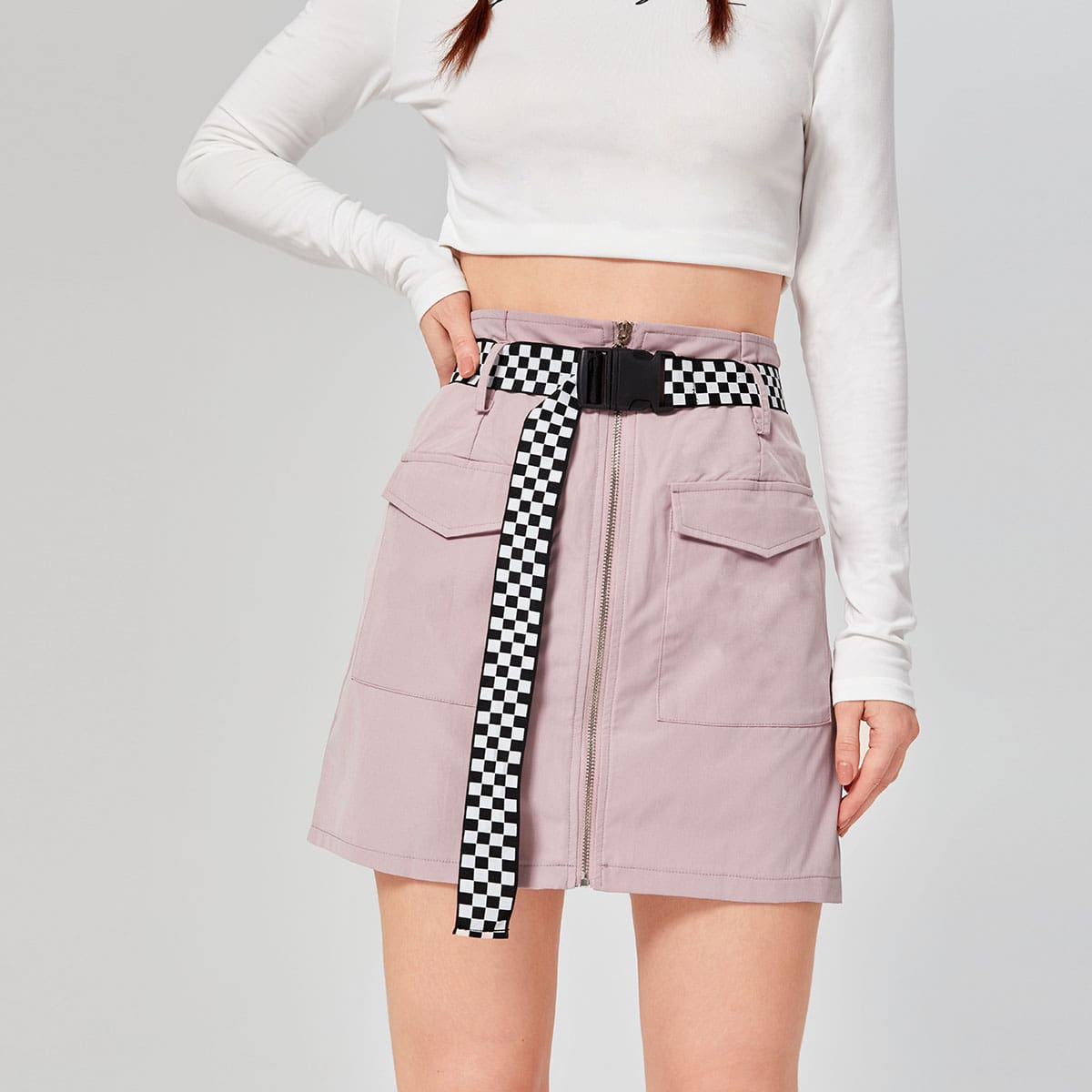 

Solid Zip Up Skirt With Checkerboard Belt, Dusty purple