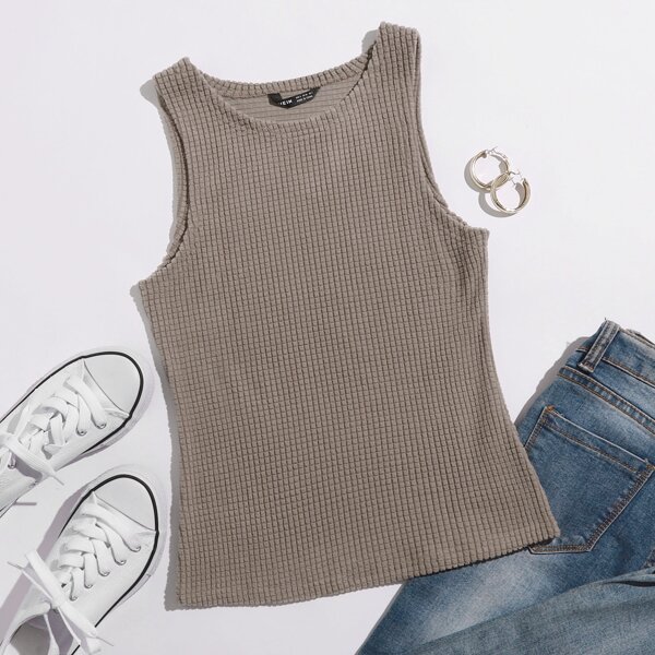 

Solid Waffle Knit Tank Top, Mocha brown