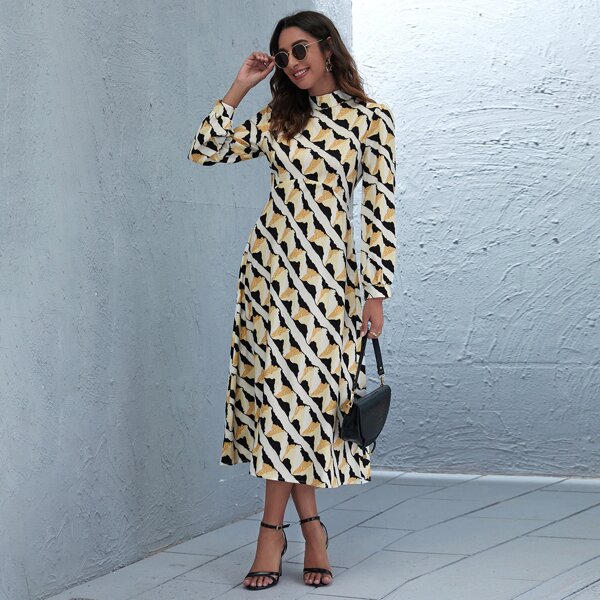 

All Over Print Mock Neck Dress, Multicolor