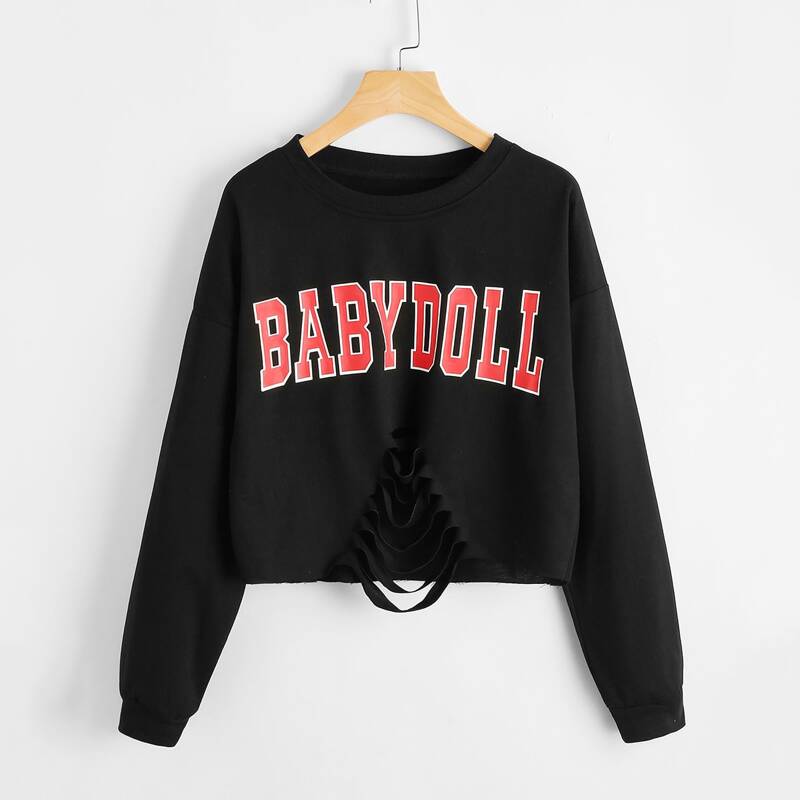 

Letter Graphic Ripped Sweatshirt, Black