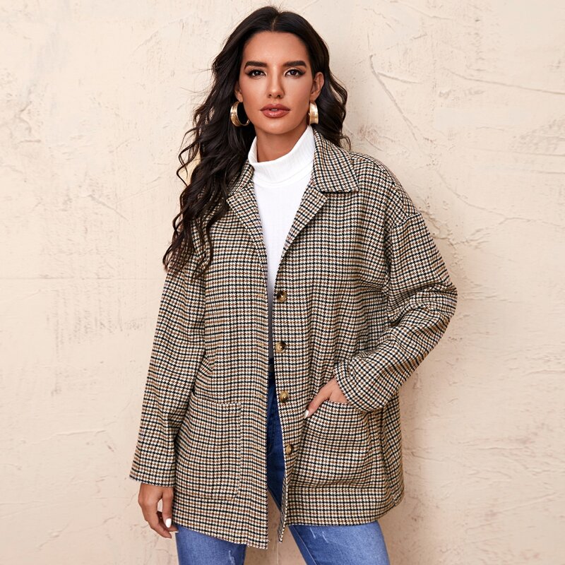 

Drop Shoulder Patch Pocket Houndstooth Pattern Coat, Multicolor