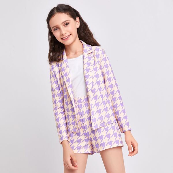 

Girls Notched Collar Houndstooth Blazer & Shorts Set, Multicolor