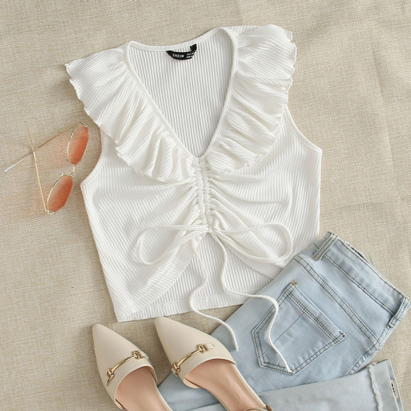 

Drawstring Ruched Front Ruffle Detail Rib-knit Tank Top, White