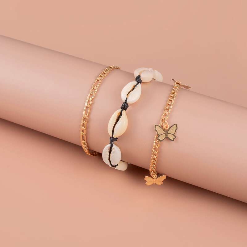 

3pcs Shell & Butterfly Bracelet, Multicolor