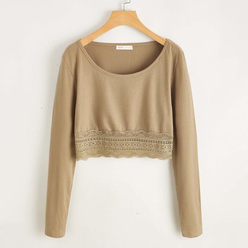 

Solid Lace Hem Tee, Khaki