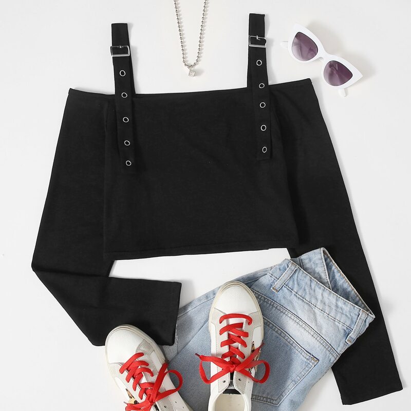 

Eyelet Strap Cold Shoulder Crop Top, Black