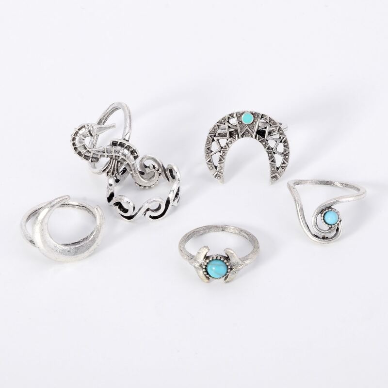 

6pcs Gemstone Moon Ring, Silver