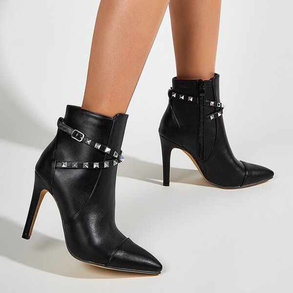 

Point Toe Spiked Decor Stiletto Heeled Boots, Black